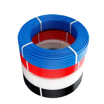 Coils of blue, red, translucent and black pneumatic tubing secured with white ties