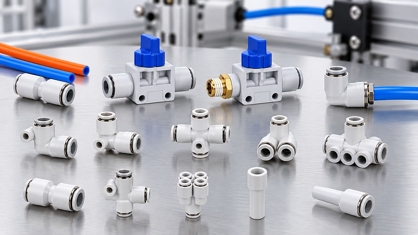 Tube-to-tube and multi-port pneumatic fitting configurations for industrial automation